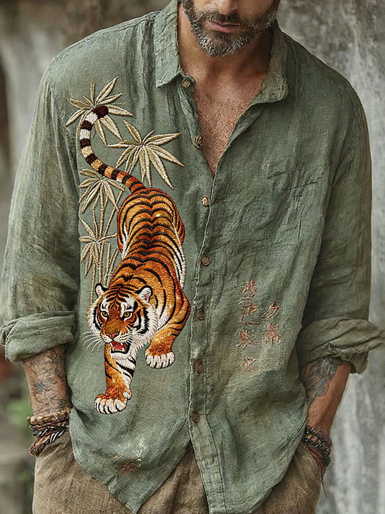 Men's Vintage Japanese Bamboo Tiger Art Print Long Sleeve Shirt