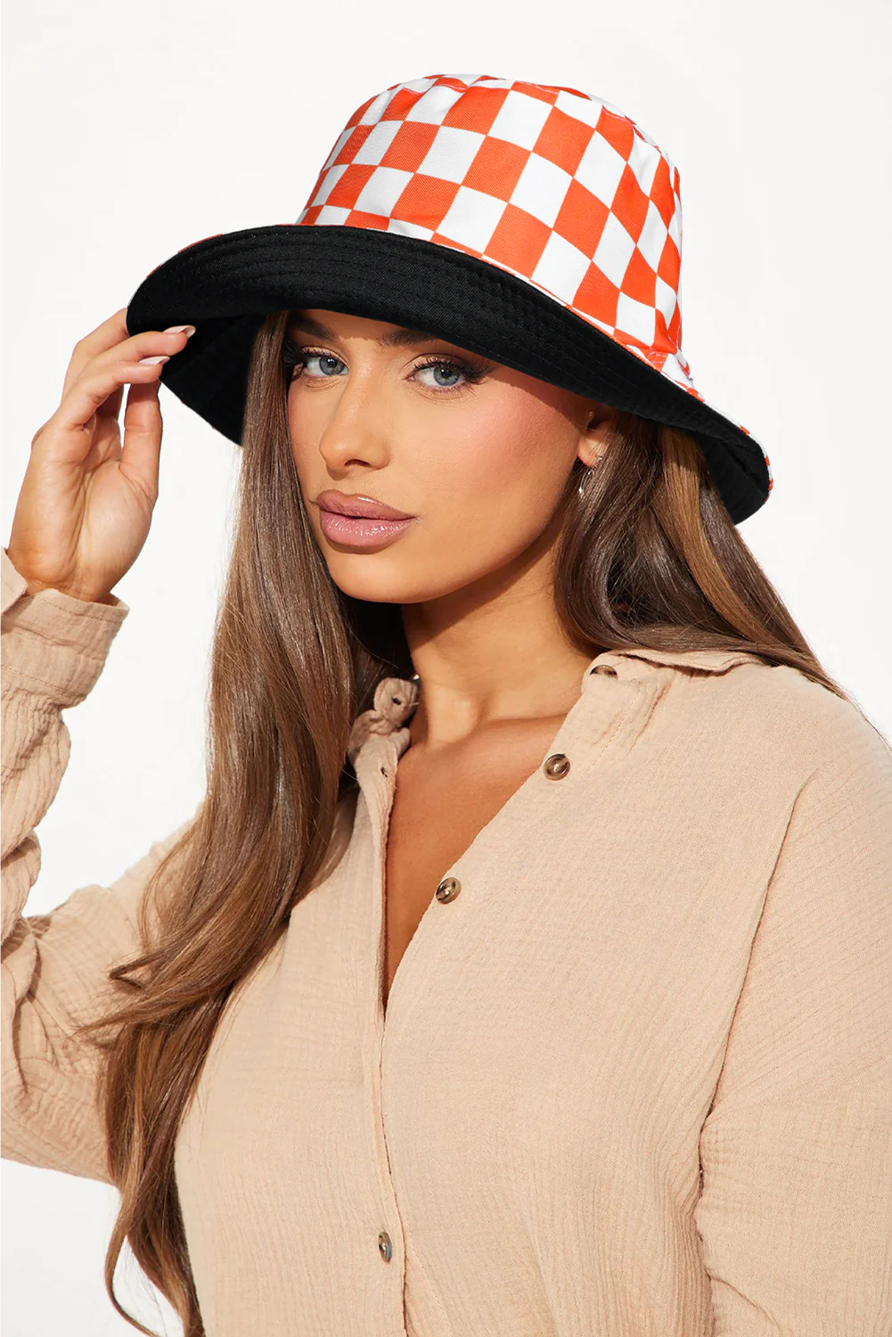 Orange Reversible Checkered Bucket Hat
