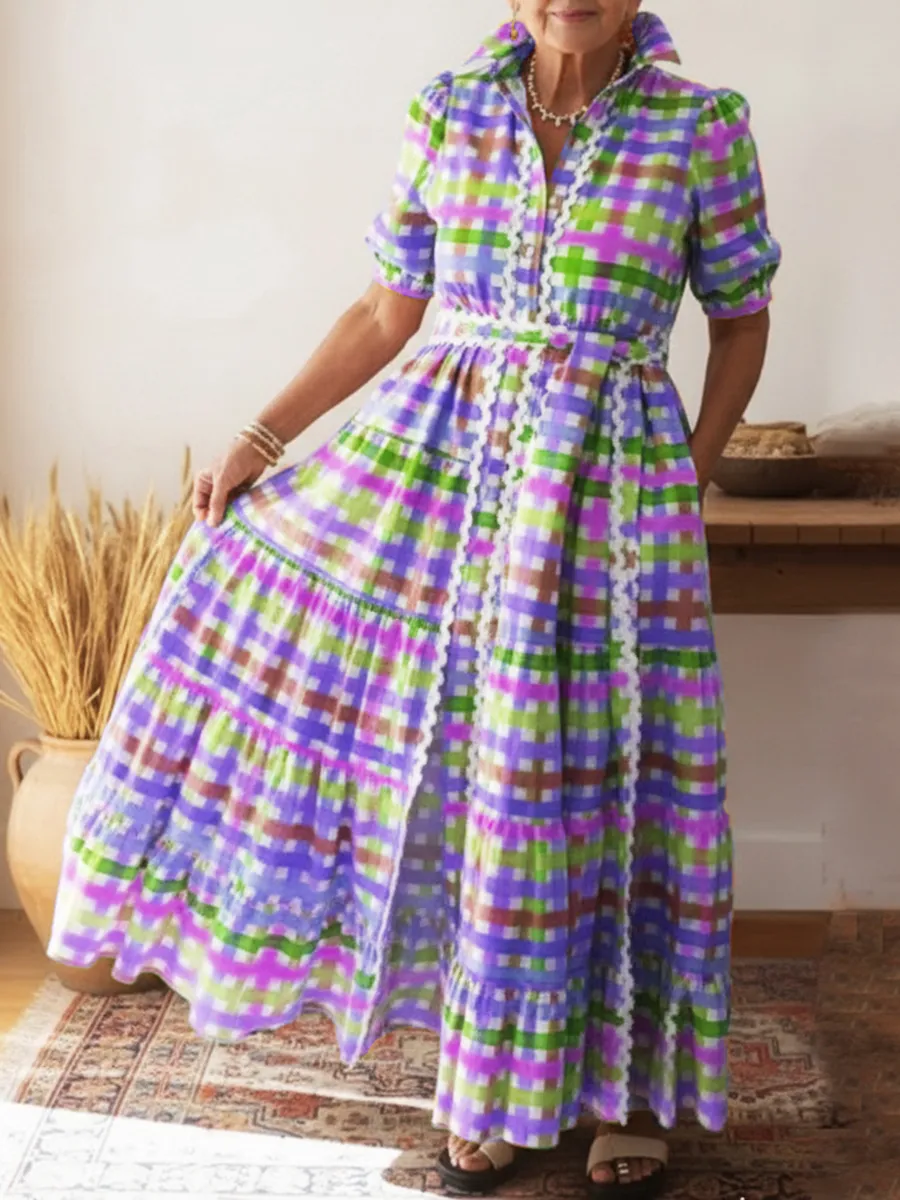 Colorful Square Art Print Collared Shirt Dress