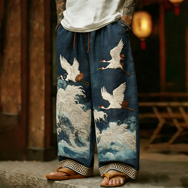 Men's Japanese Cranes & Sea Waves Linen Pants