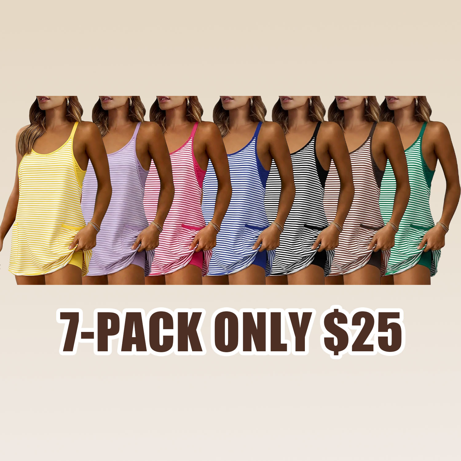 Women's Summer Athletic Mini Dress Sleeveless V Neck Built-in Shorts Striped Tennis Workout Vacation