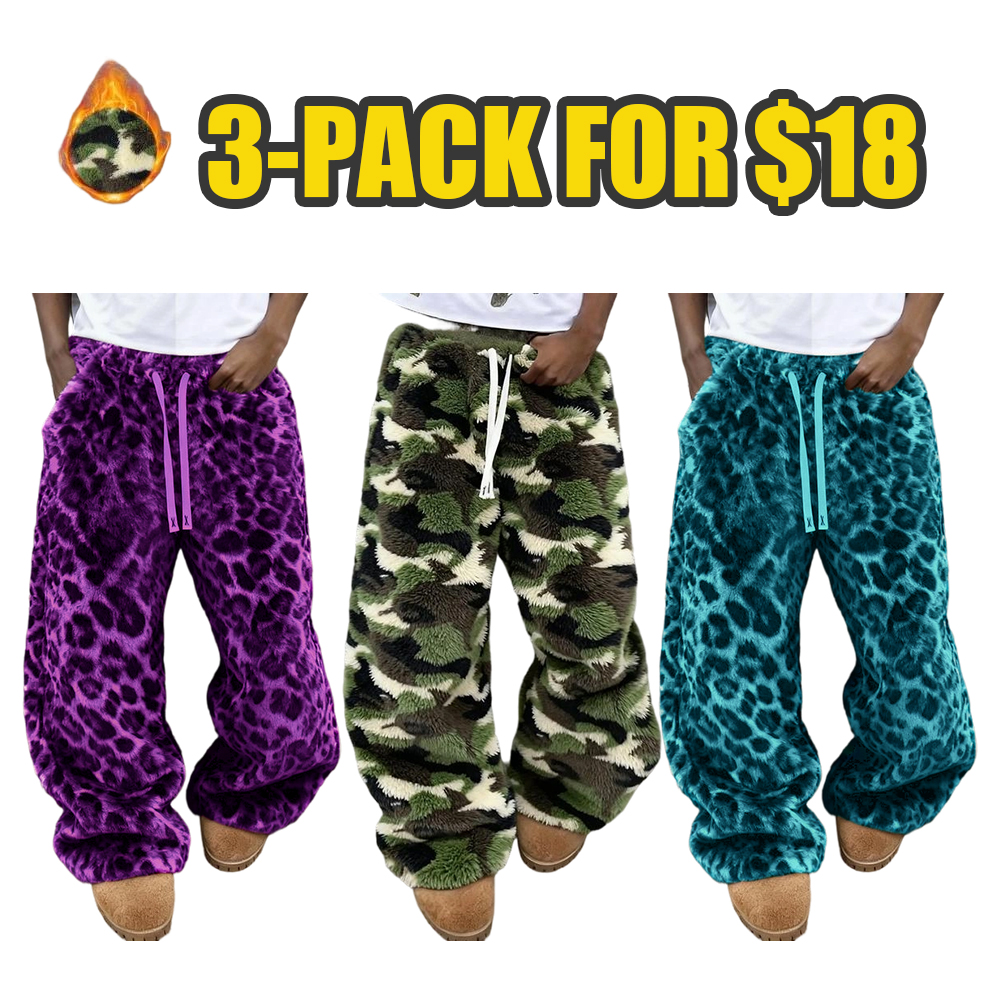 Unisex Leopard Print Fleece Pants, Soft Rabbit Fur Fabric, Fall Winter Warm Comfort, Street Hip Hop Style, Daily & Outdoor Wear