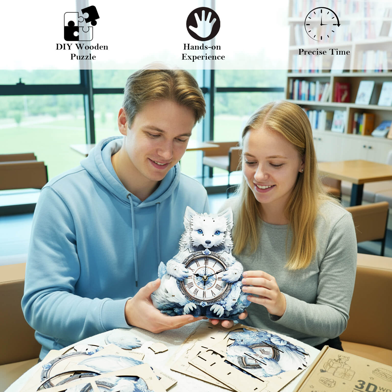 Arctic Fox– DIY Wooden Clock, 3D Puzzle Craft Kit