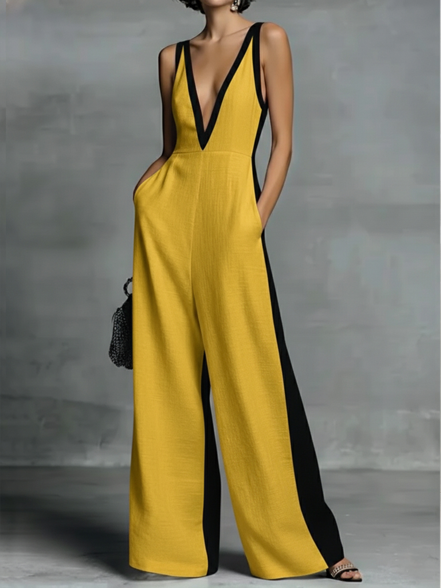 Patchwork Linen And Cotton Sleeveless Jumpsuit