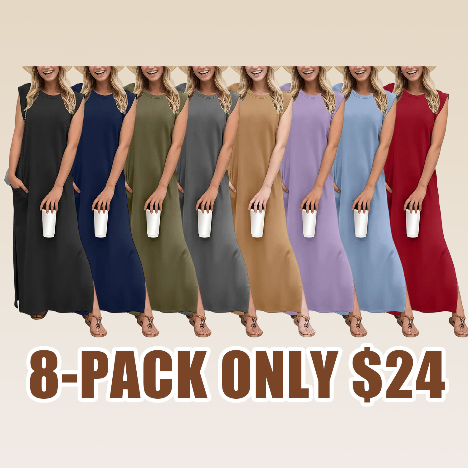 2026 Women Summer Round Neck Casual Loose Split Wrinkle-Free Long Maxi Vacation Dress with Pockets