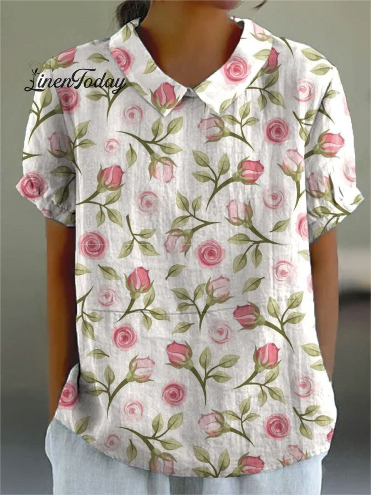 Women's Retro Floral Art Print Casual Cotton And Linen Shirt