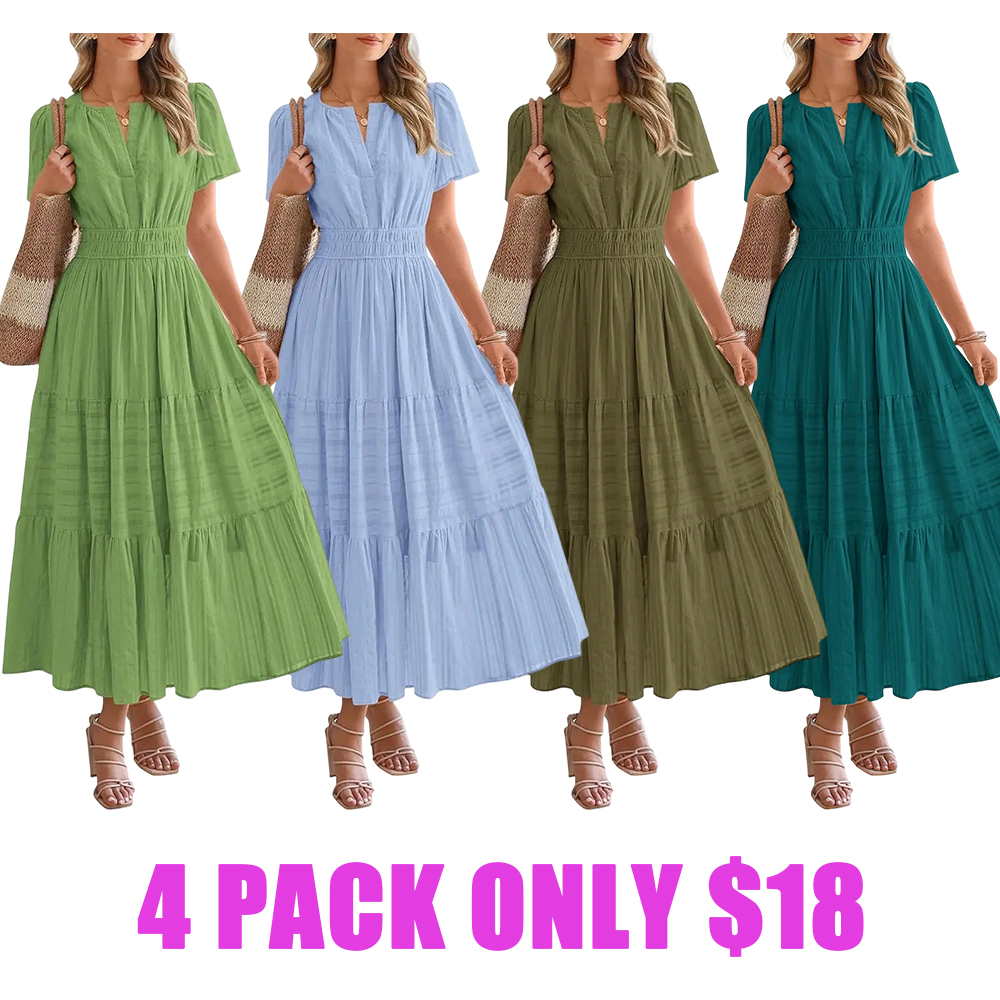 Women's Summer 2026 Casual Maxi Dress Lightweight Short Sleeve V Neck Boho Dress with Pockets