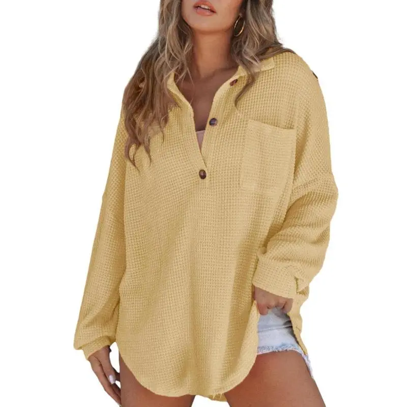 Women's Oversized Henley Waffle Shirts Tops