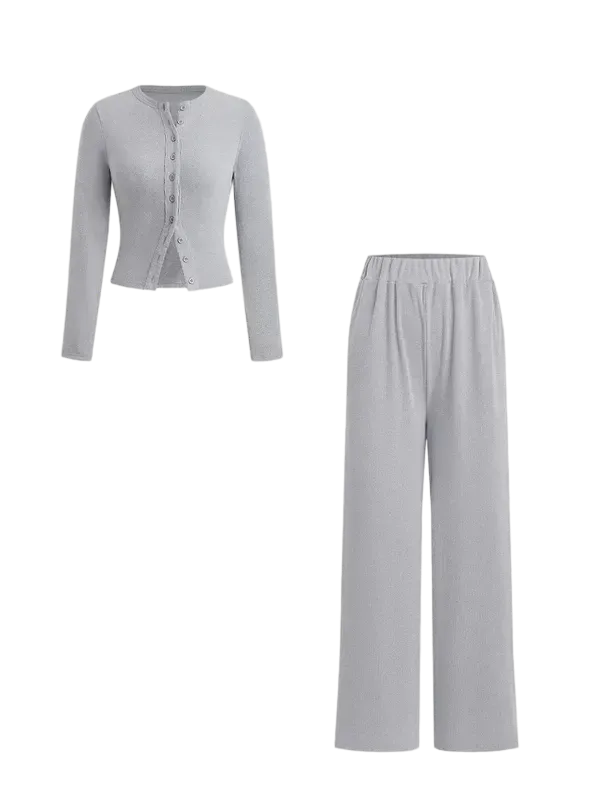 Two-piece Set Women's Solid Button Front Ribbed Crop Top & Elastic Waist Pants