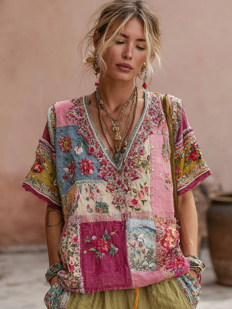 Women's Vintage Bohemian Floral Embroidery Art V-neck Linen Blend T-shirt