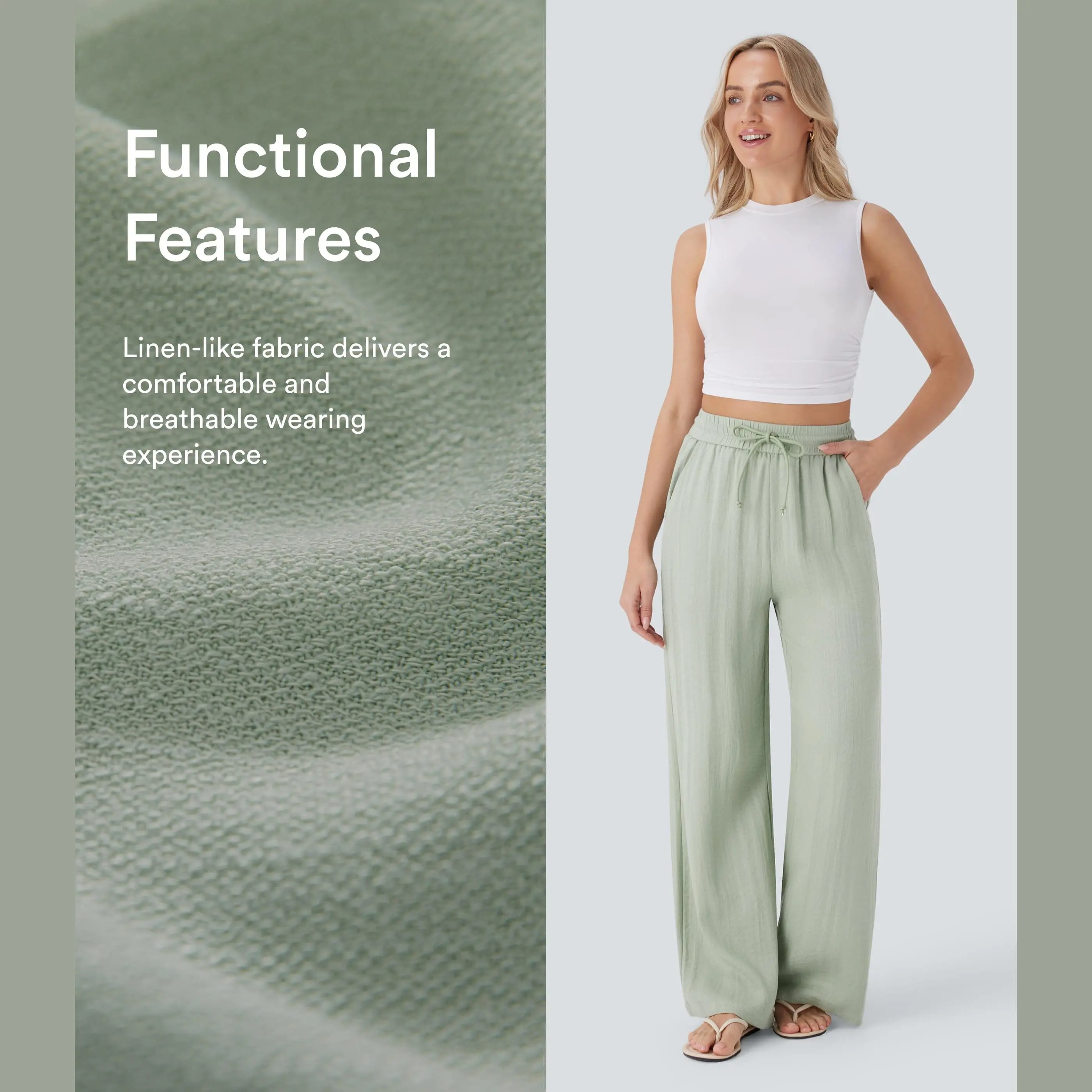 Women's High Waist Drawstring Wide Leg Linen-Feel Casual Pants with Pockets