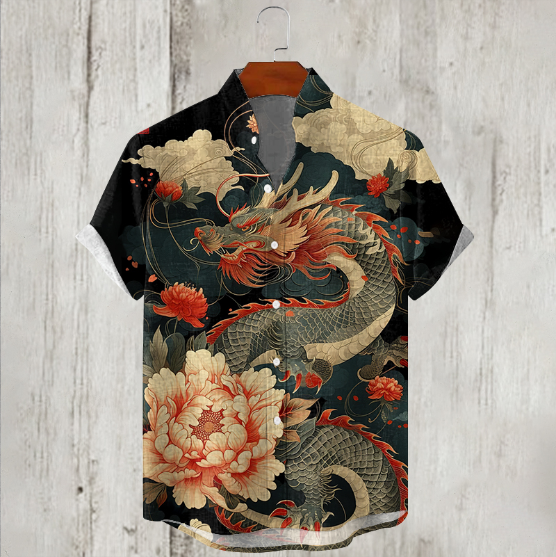 Men's Japanese Art Dragon Linen Blend Cozy Shirt