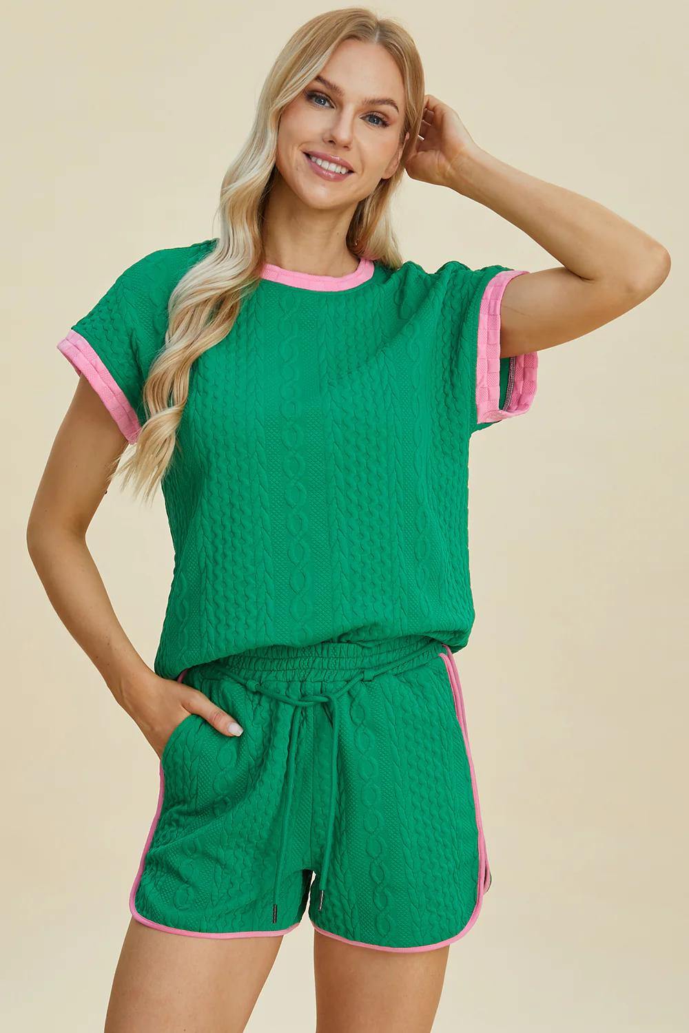 Full Size Texture Contrast T-Shirt and Shorts Set