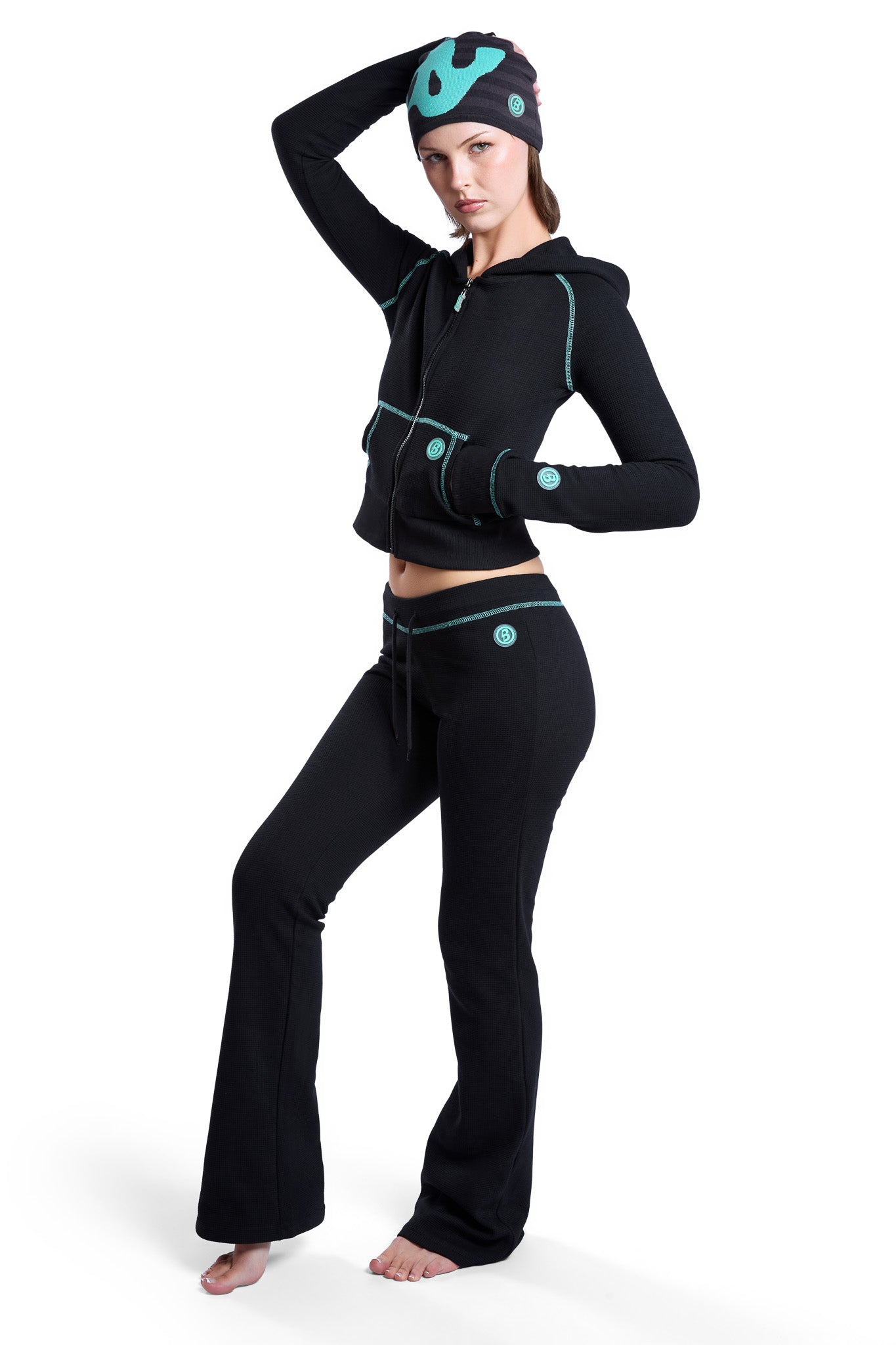 WAFFLE KNIT BOOT CUT PANTS (BLACK/TIFFANY BLUE)