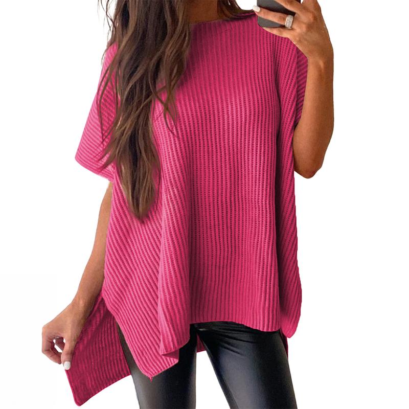 Women’s Oversized Ribbed Knit Top – Crew Neck Short Sleeve Pullover with Side Slit
