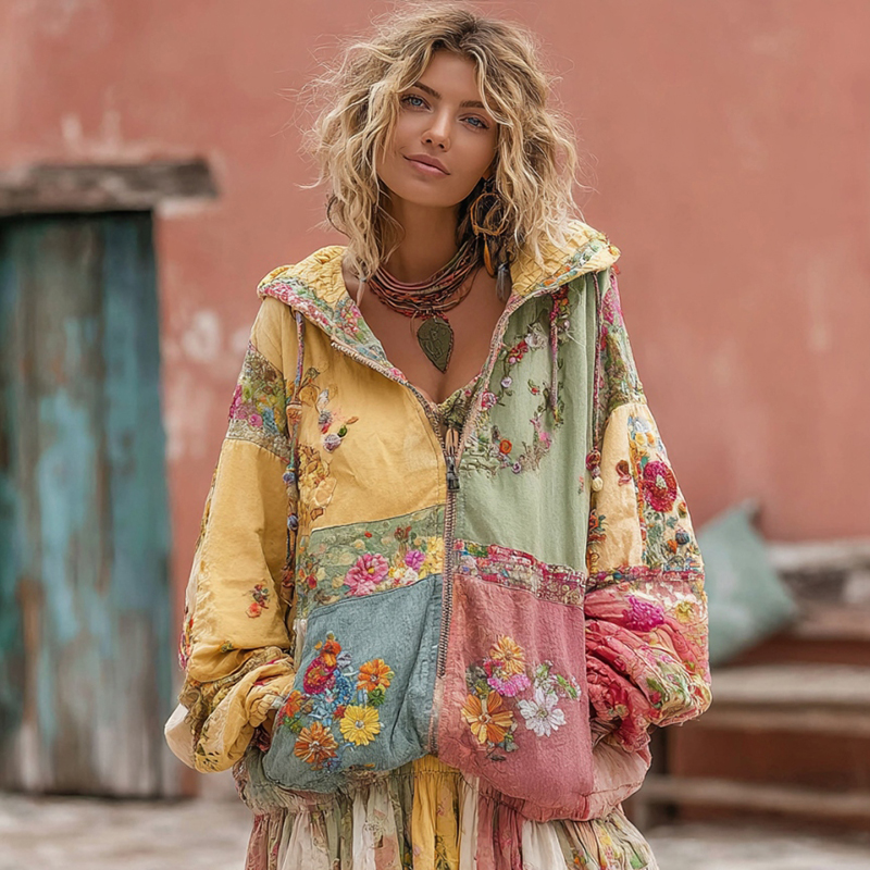 Women's Flower Embroidery Macaroon Color Patchwork Art Casual Zipper Hoodie