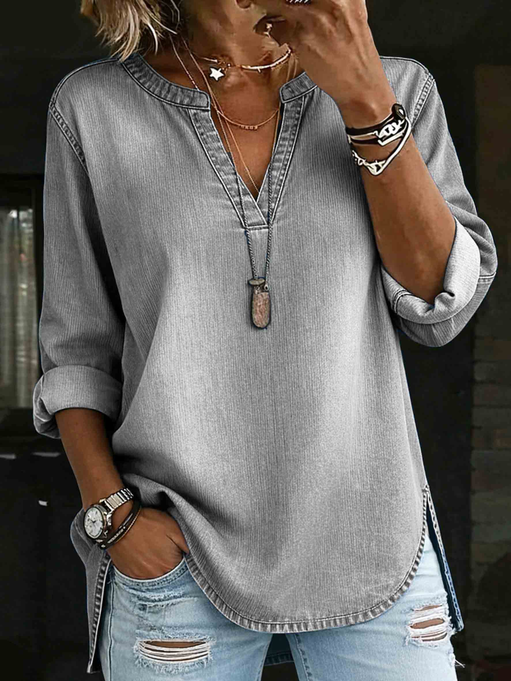 Women's Denim V-neck Henley Long-sleeved Shirt