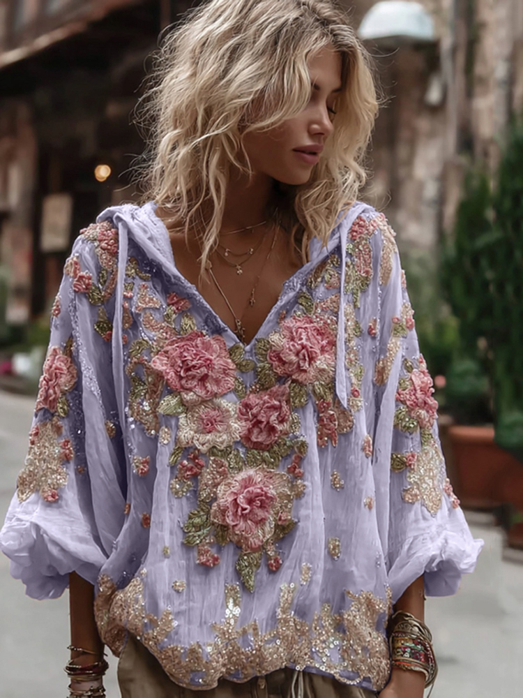 Women's Vintage Floral Embroidery Warm V-neck Hoodie