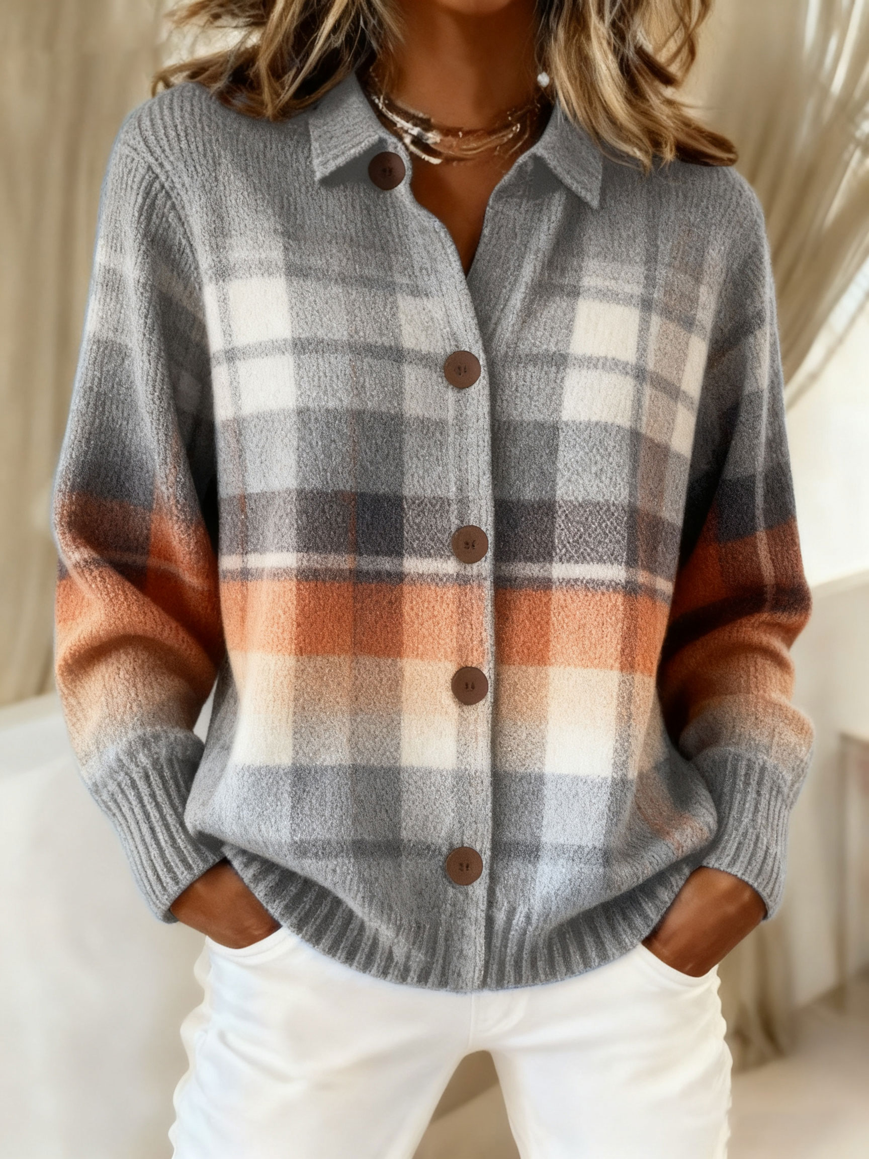Women's Vintage Plaid Art Print Casual Sweater