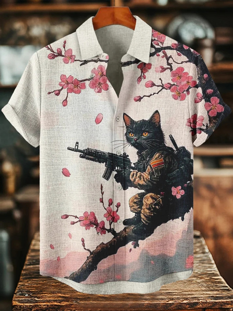 Men's Cats Fighting Under The Flower Tree Retro Nostalgic Print Art Print Casual Shirt