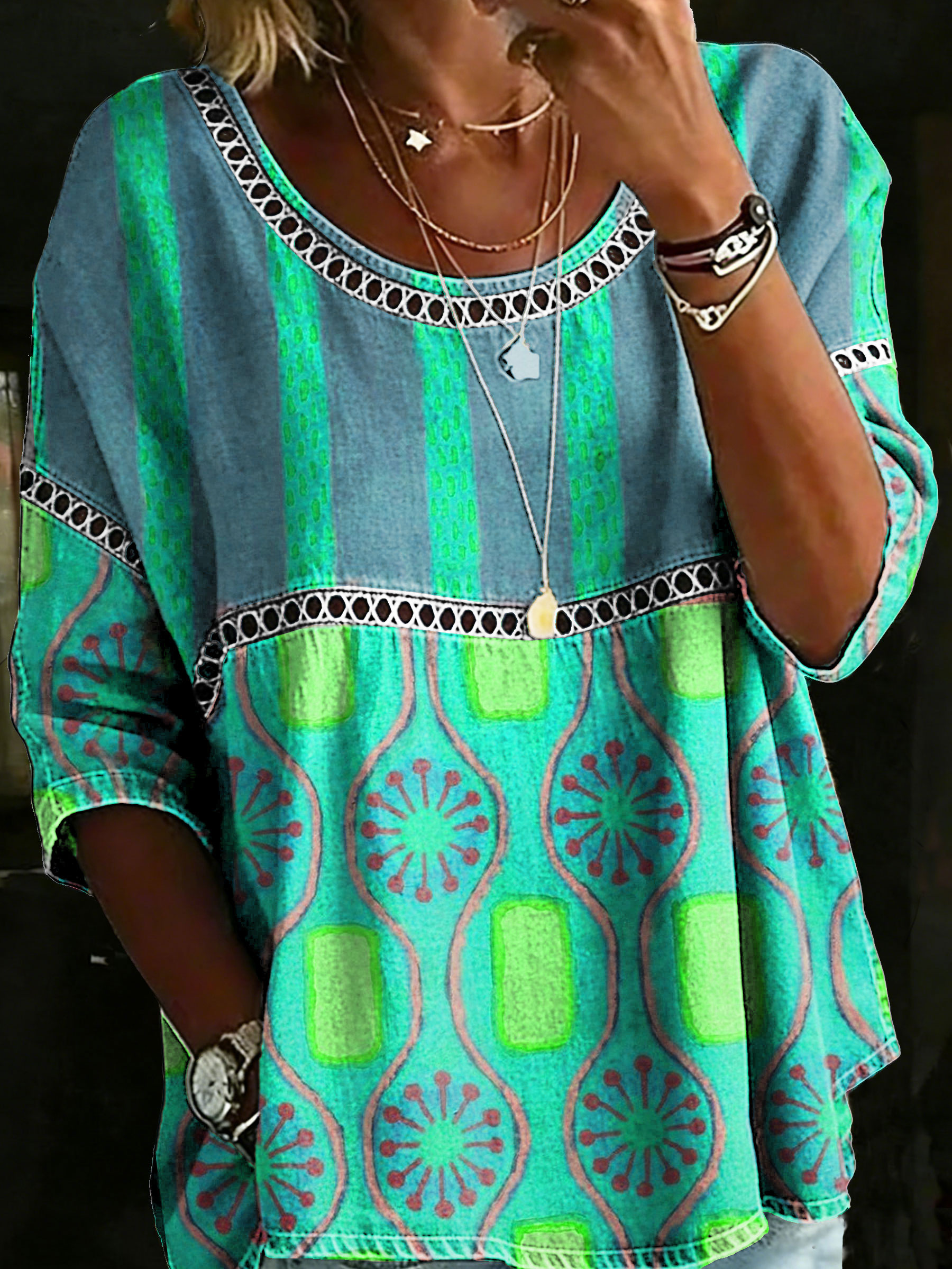 Women's Vintage Abstrct Casual Loose Denim Blouse Shirt