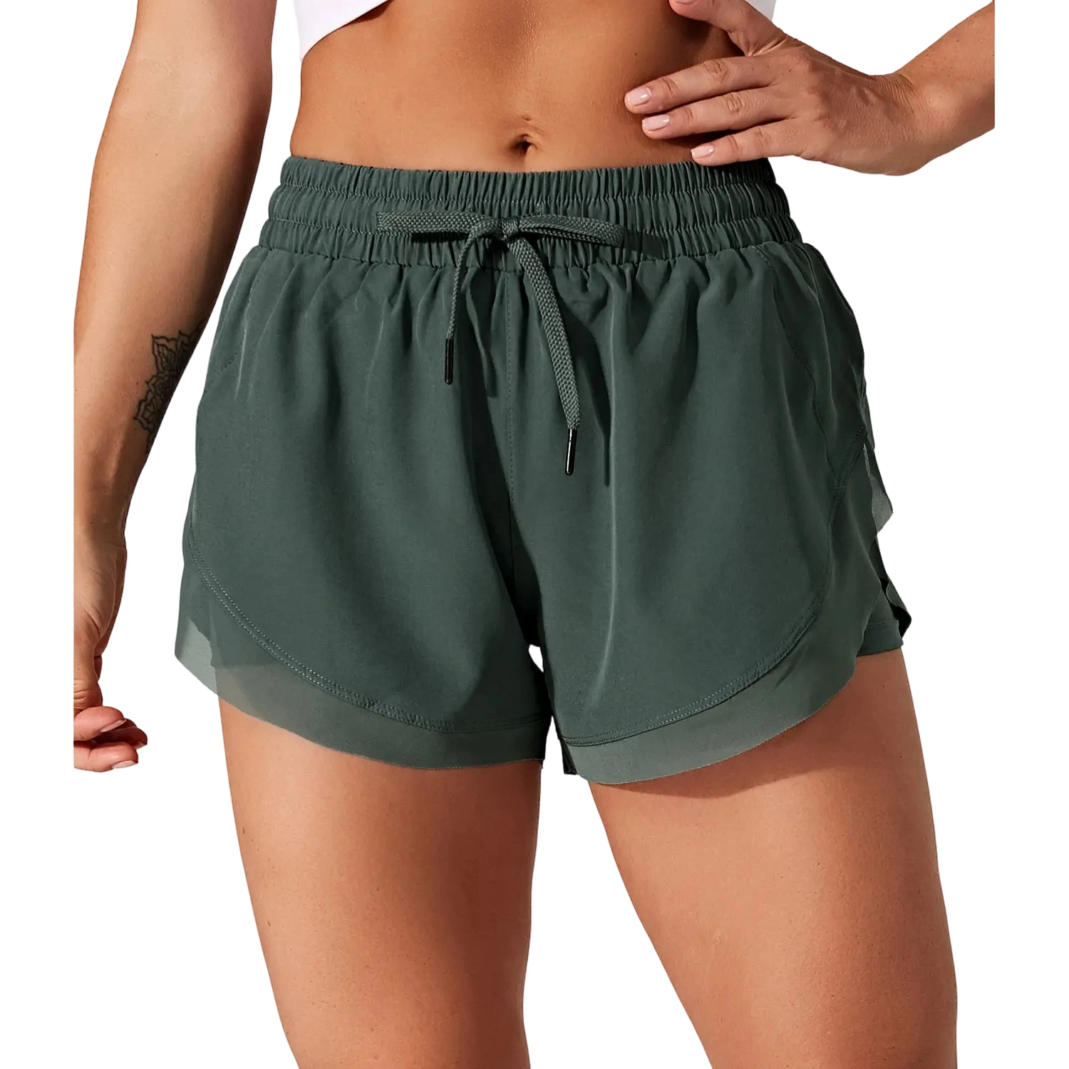 🏃Women’s 2-in-1 Mesh Active Shorts – Flowy Overlay & Adjustable Drawstring