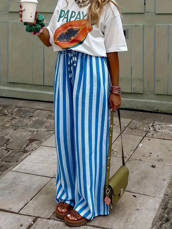 Women's Drawstring Wide-Leg Pants – Loose Fit Striped Casual Trousers