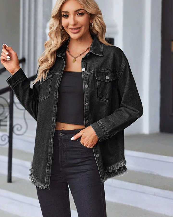 Jean Jackets for Women Ripped Fringe Denim Jean Jacket