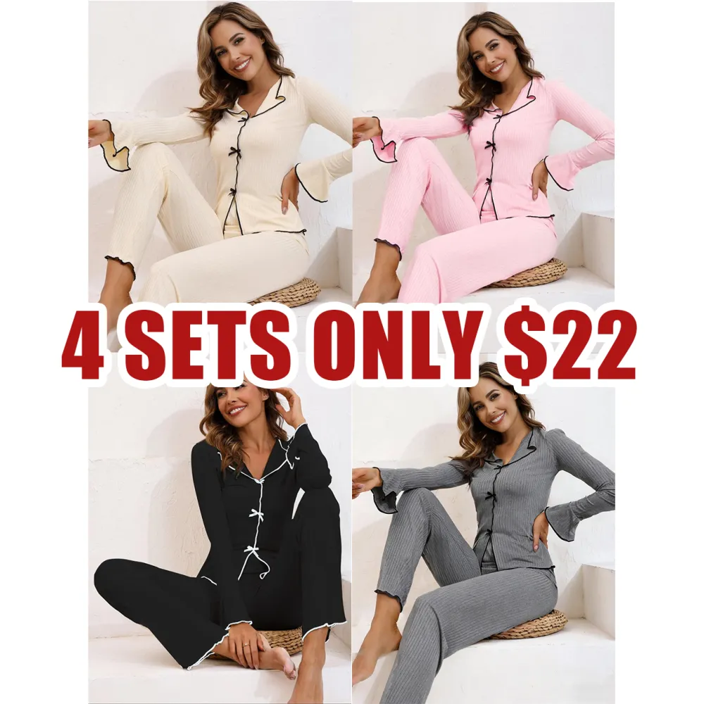 Women’s Cotton Pajama Set, Bow Trim V-Neck Long Sleeve Top & Elastic Waist Pants