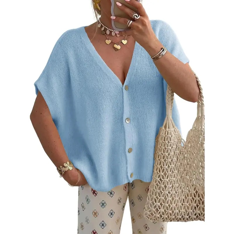 Womens Fall Oversized Cardigans Batwing Short Sleeve Lightweight Button V Neck Casual Knit Sweater Tops