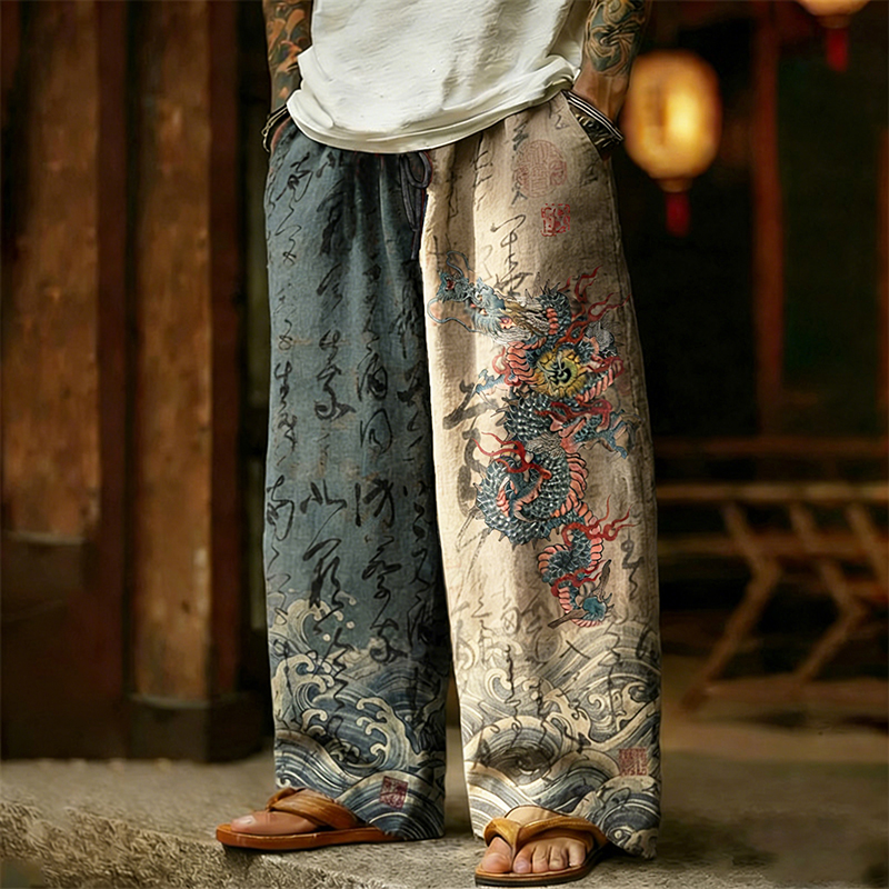 Men's Retro Calligraphy Dragon With Waves Art Linen Pants