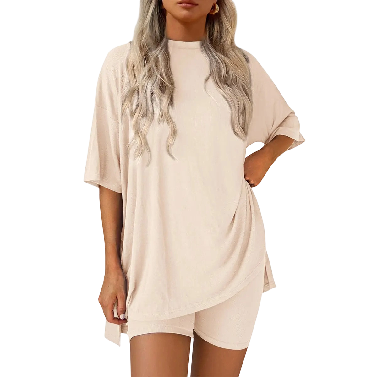Two-Piece Set For Women Summer Casual Oversized Split Hem Shirts & Side Pocket Biker Shorts Minimalist Lounge Wear Soft Viscose Fabric