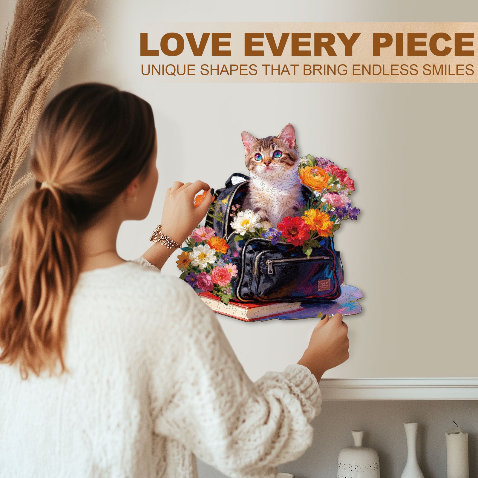 Flower Bag Cat Wooden Jigsaw Puzzle