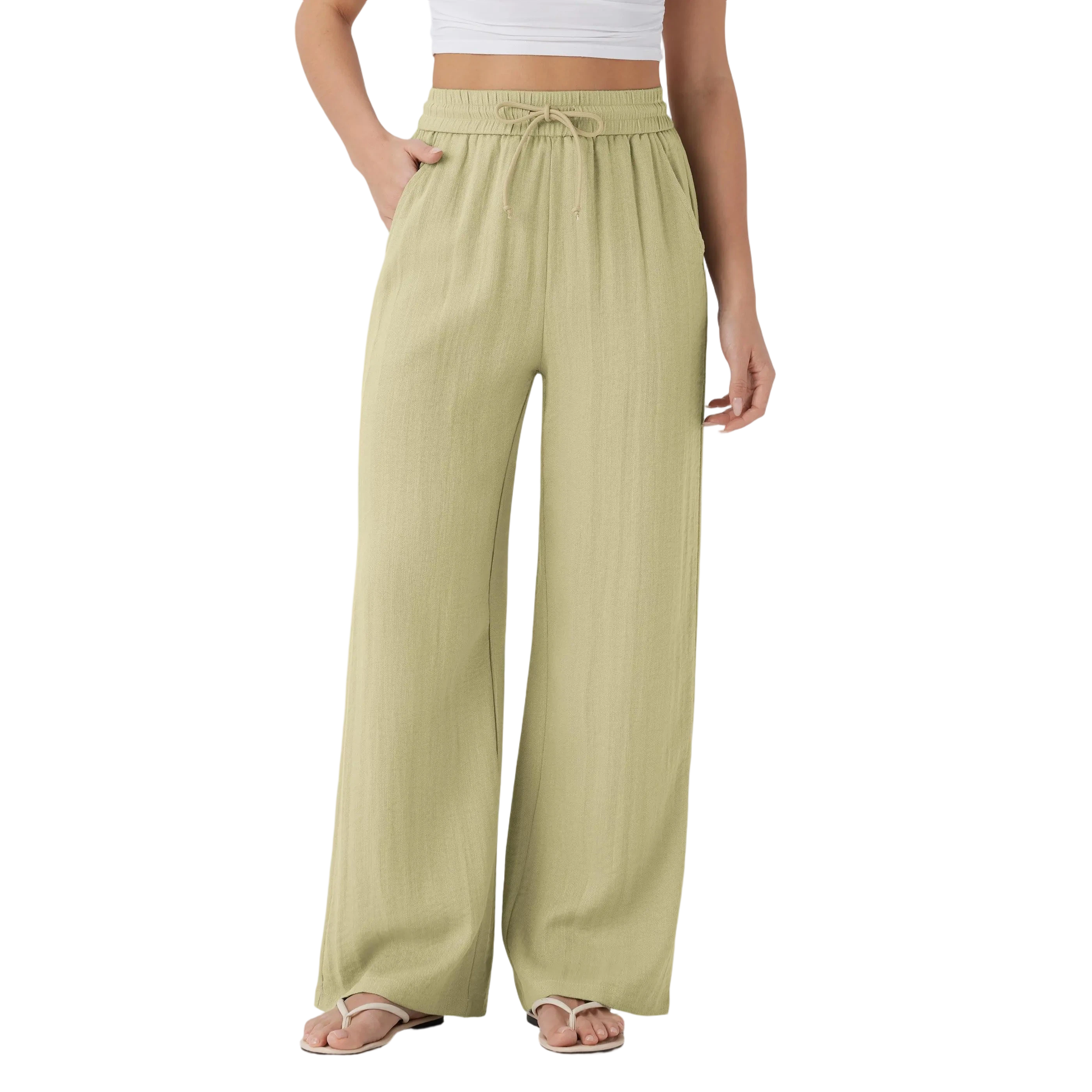 Women's High Waisted Drawstring Pocket Wide Leg Casual Linen-Feel Pants