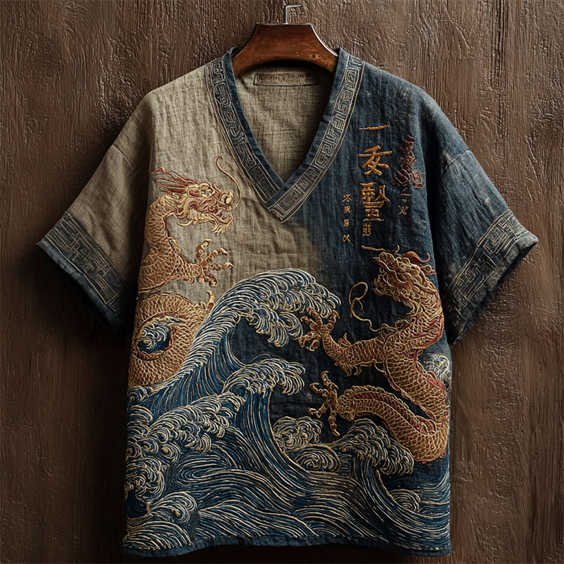Japanese Dragons & Sea Waves Embroidered Contrast Gradient Linen Shirt