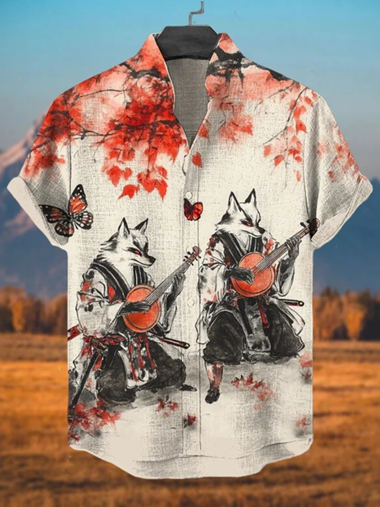 Men's Fox Swordsmen Playing Instrument Under The Maple Tree Art Print Casual Shirt