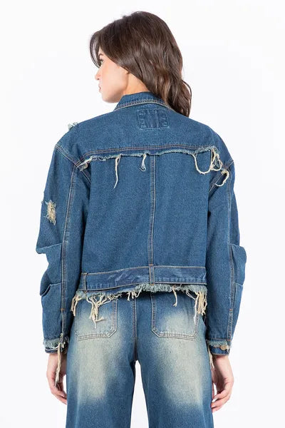 American Bazi Full Size Distressed Frayed Edge Zip Up Denim Jacket