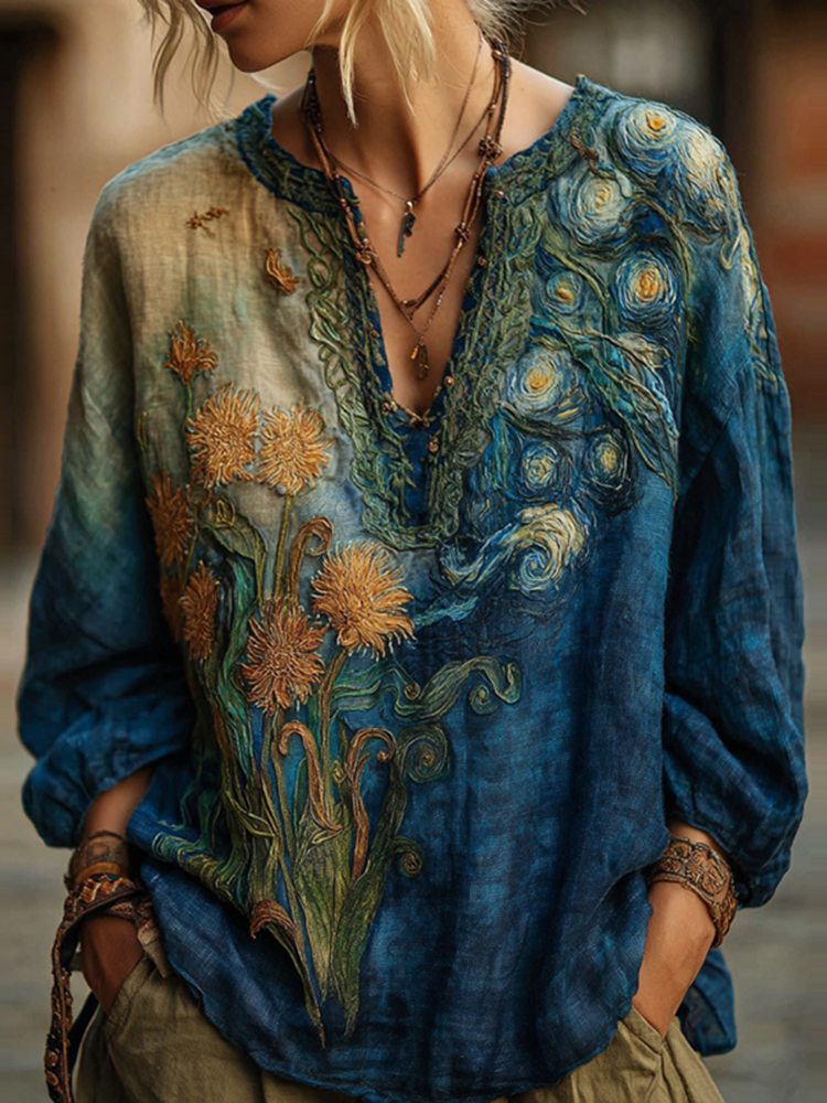 Vintage Oil Painting Inspiration Floral Embroidered Flowy V Neck Shirt