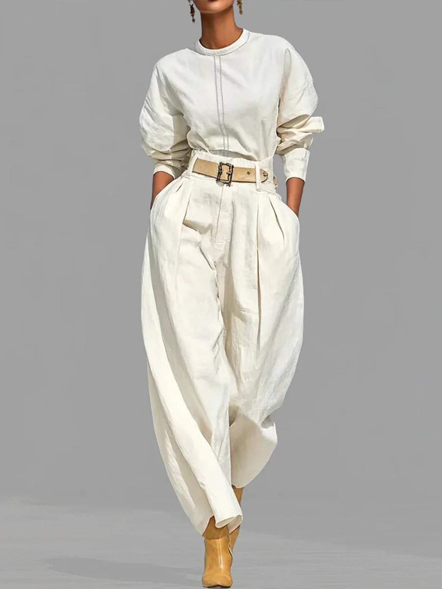 Casual Linen And Cotton Crew-neck Shirt And High-waisted Tapered Trousers Two-piece Set.