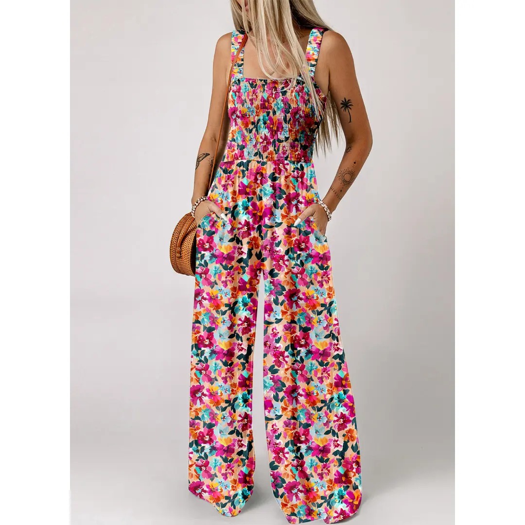 Women's Casual Loose Overalls Jumpsuits One Piece Sleeveless Printed Wide Leg Long Pant Rompers