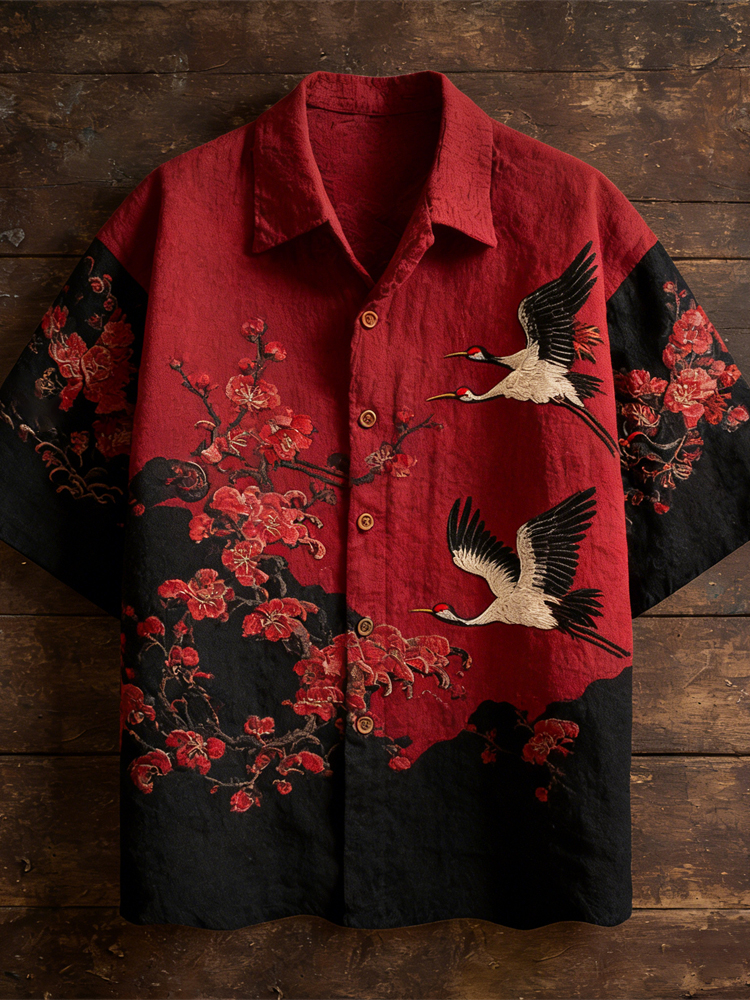 Vintage Japanese Plum & Crane Linen Short Sleeve Shirt