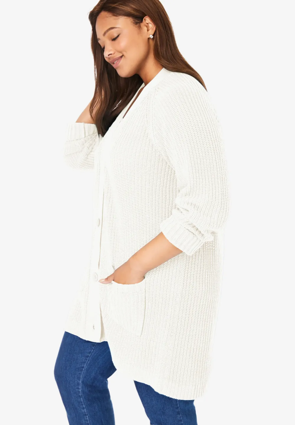 Button-Front Shaker Cardigan