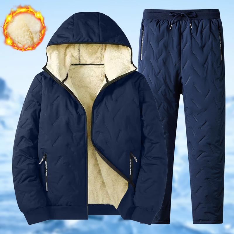 Men's Autumn Winter Fleece Cotton Jacket Hooded Coat With Hoodie Men Straight Pants