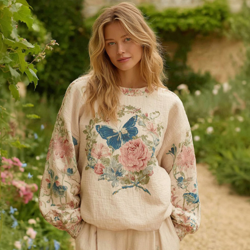 Women's Retro Bohemian Style Round Neck Comfortable Linen Top With Butterfly And Floral Pattern