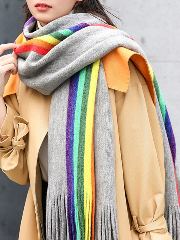 Contrast Color Keep Warm Multi-Colored Tasseled Scarf