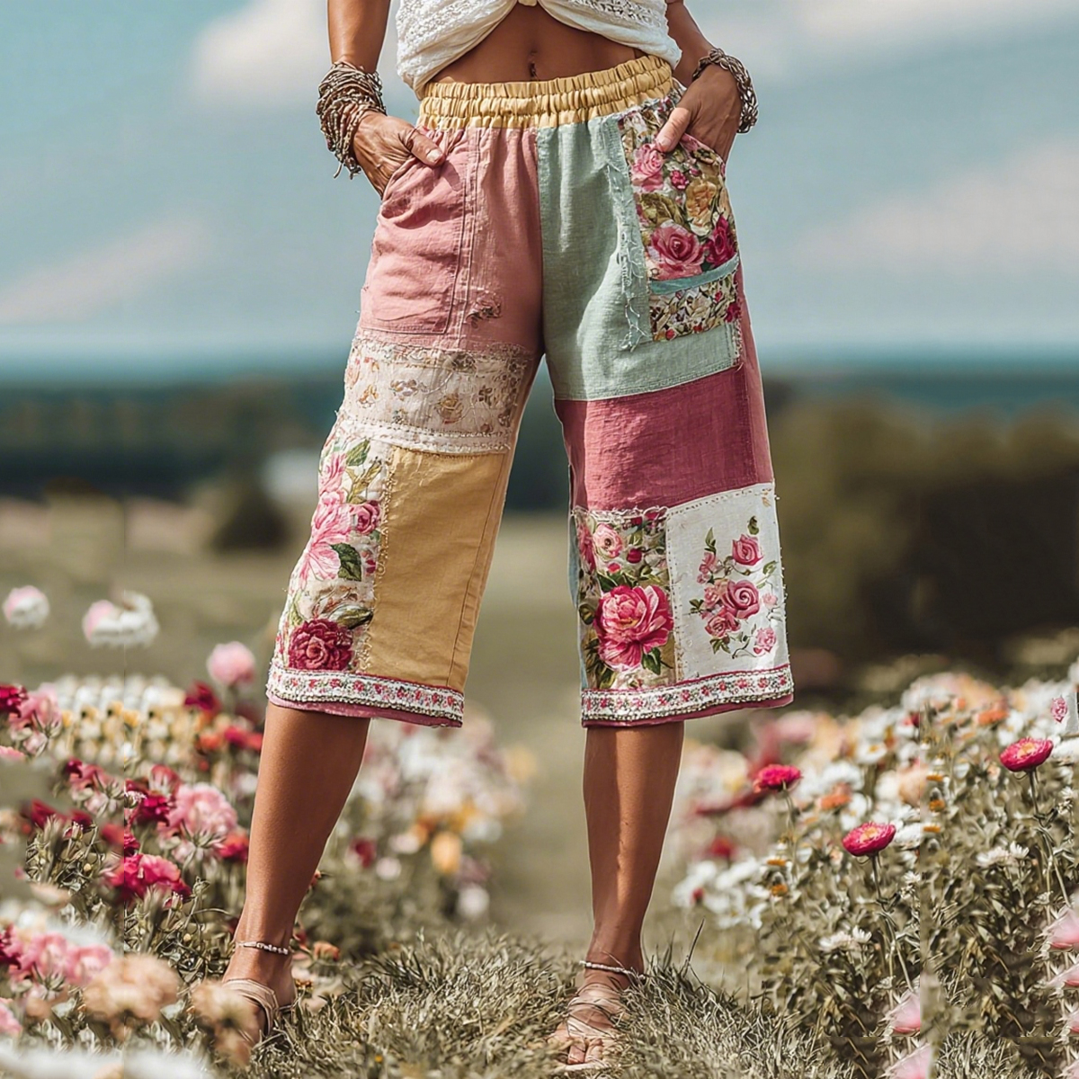 Women's Patchwork Rose Floral Contrast Waist Elastic Pocket Shorts
