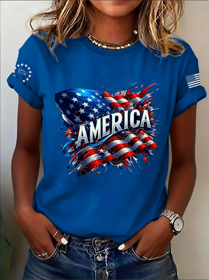 Women's Short Sleeve T-shirt Summer Black Independence Day (Flag) Printing Jersey Crew Neck Daily Going Out Casual Top