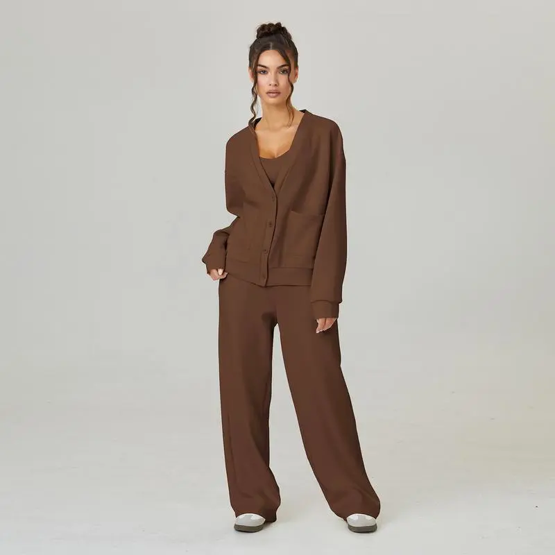Women's Slouchy Solid Color V Neck Long Sleeve Button Cardigan & Drawstring Waist Trousers Co-ord