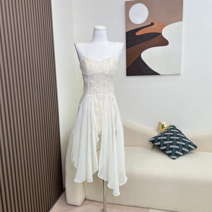 BANDAGE SATIN LACE MIDI DRESS IN WHITE