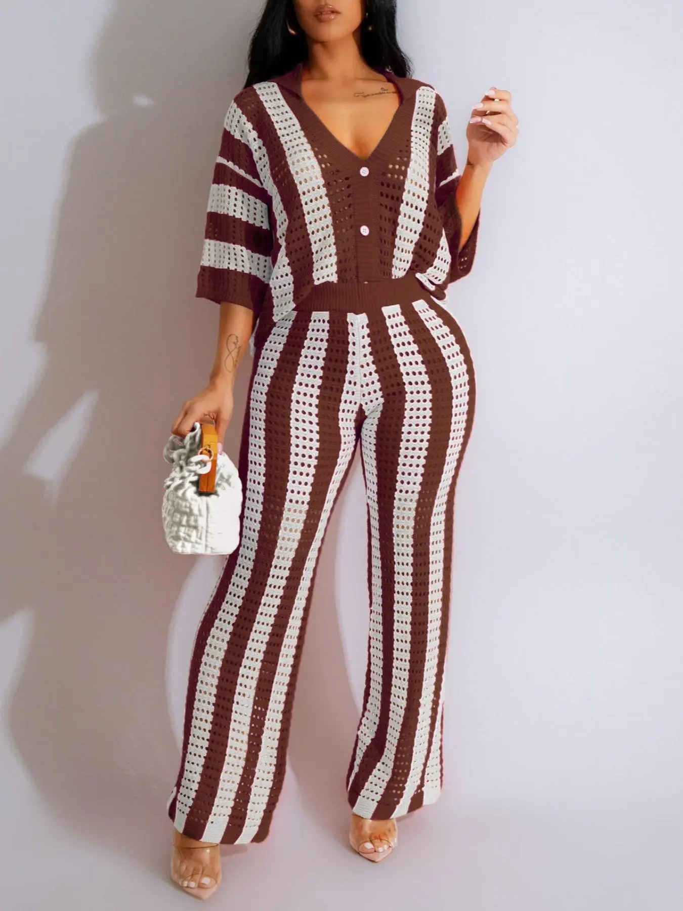 Two-Piece Set Women's Colorblock Striped Print Hollow Out Button Front Top & Wide Leg Pants
